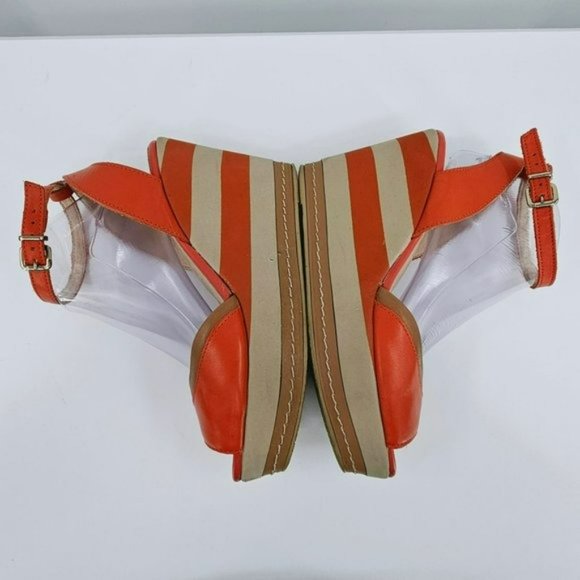 Malu Wedge Sandals 10 Super Comfort Orange Tan Stripe Tall Open Toe Ankle Straps - Picture 9 of 13